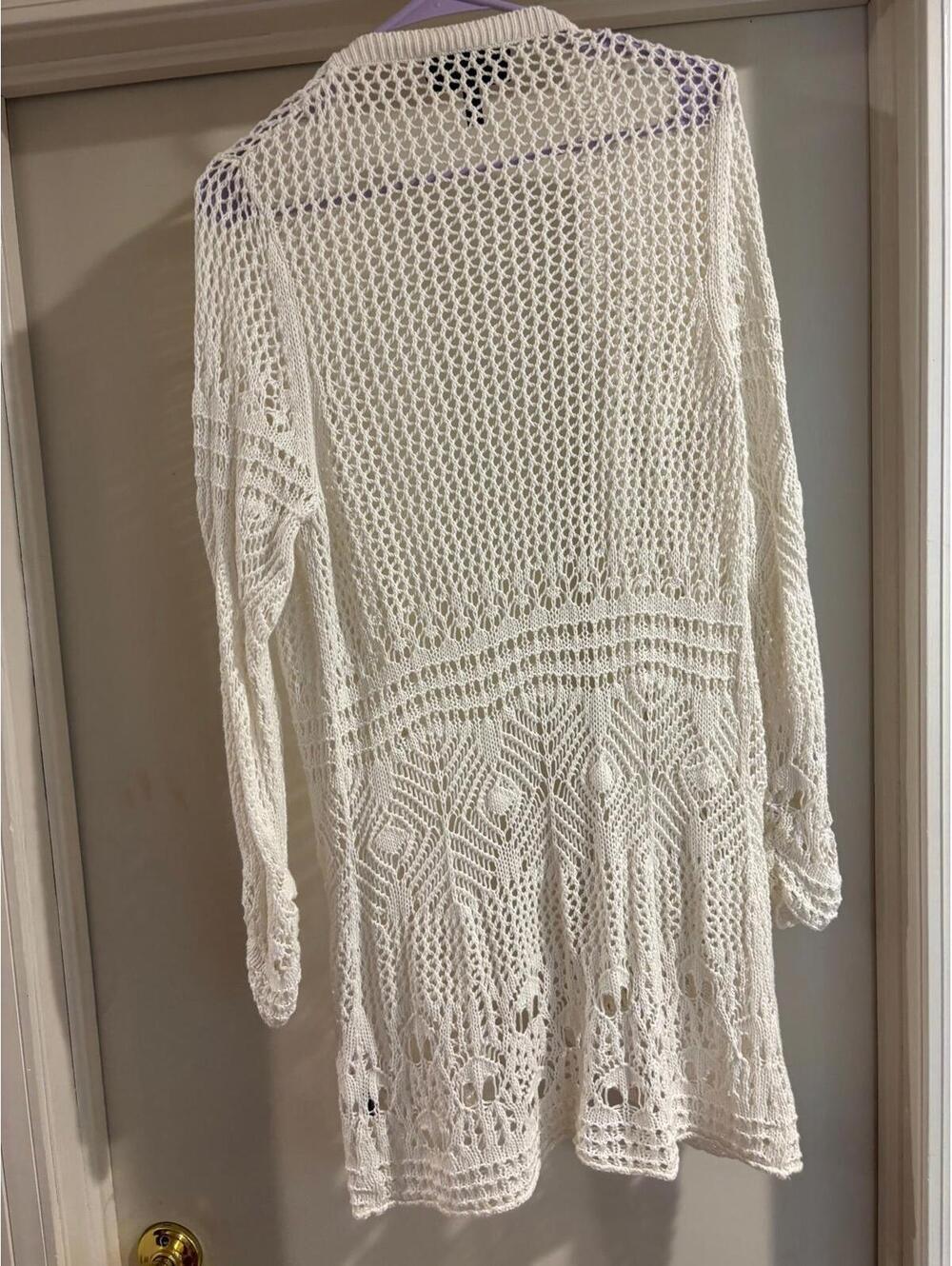 Anthony Boho Crochet Cardigan Duster Open Knit White Size Large Lightweight - Picture 4 of 4